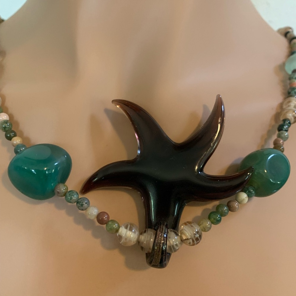 OOAK Murano Starfish w/Vintage Jade Jasper Agate Sea Glass Necklace - Picture 3 of 16